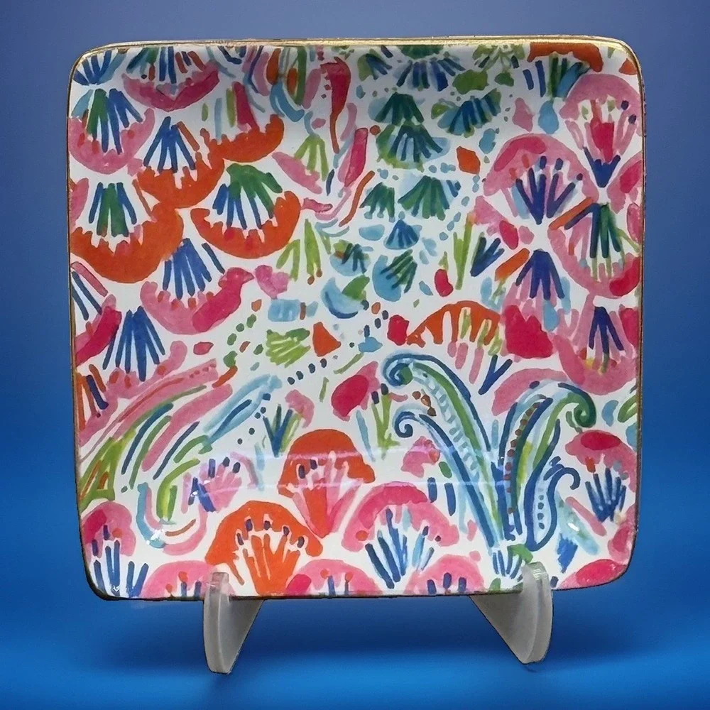 Lilly Pulitzer Trinket/Soap Dish ~ Floral Tray vibrant colors with gold edge EUC